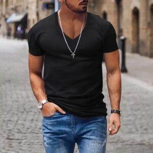 Mens T Shirt Summer Mens V Neck Solid Color Slim Fit Thin Casual T Shirt Short Sleeve Top - Image 7