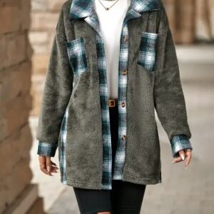 Winter Women Chic Custom Brand Plaid Thick Warm Outwear Long Sleeve Plaid Fleece Casual Fur Trench Coats Wholesale - Image 3