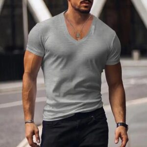 Mens T Shirt Summer Mens V Neck Solid Color Slim Fit Thin Casual T Shirt Short Sleeve Top - Image 6