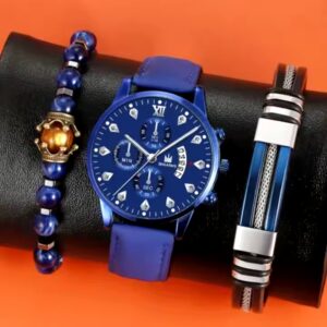 Fashion simulation three eyes men's casual business calendar belt watch men's bracelet set - Image 5