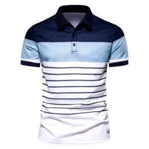Men's fashion striped patchwork color contrast short sleeve lapel T-shirt POLO shirt - Image 5