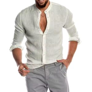 Men Cotton Linen Long Sleeve Button Solid Color Shirts Cardigan Standing Collar Men's Tops Blouse T-shirt Casual Shirt - Image 7