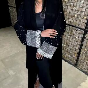 2024 hot selling two piece muslim women dress abaya set wholesale crystal diamond abaya muslim black abaya with diamond - Image 2
