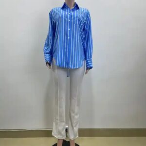 Fashion elegant spring fall blue strip blouse print loose single breasted cardigan polo collar long sleeve shirt women - Image 4