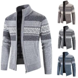 New 2024 Products Men s Fashion Patchwork Slim Fit Stand Collar Jacket Coats Cardigan Knitted Sweater - Image 3