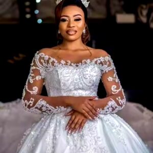 African Long Sleeve Wedding Dress Beading Lace Bridal Gown vestidos de noiva - Image 1