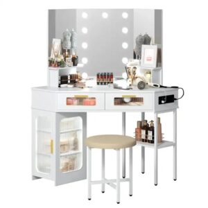 Sunrise Corner Vanity Desk Set with Tri-fold Lighted Mirror, Charging Station, Storage Shelves, Makeup Vanity Table for Bedroom - Image 6