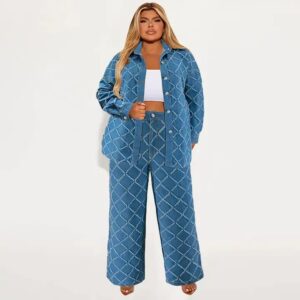 High Quality Plus Size Women Denim Sets Long Sleeve Denim Jacket And Jeans Pants Two Piece Set Women Clothing - Image 3