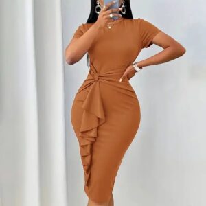 Trendy Career Dresses Short Sleeve Solid Color Hip Wrap Ruffle High Waist Office Lady Dresses For Women African Dress - Image 5