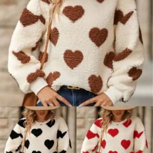 Fashion Women American Heart Pattern Long Sleeve Loose Jumper Pullover Cardigan Fur Sweaters Fleece Hoodie - Image 3