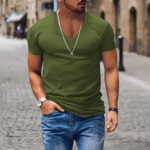 Mens T Shirt Summer Mens V Neck Solid Color Slim Fit Thin Casual T Shirt Short Sleeve Top - Image 3