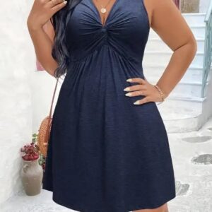 Plus Size Solid Twist Tank Dress Viscose Fabric vestidos para dama Wholesale USA Casual Sleeveless V Neck Dress - Image 6