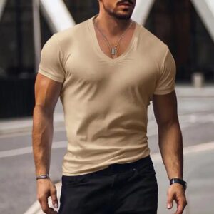 Mens T Shirt Summer Mens V Neck Solid Color Slim Fit Thin Casual T Shirt Short Sleeve Top - Image 5
