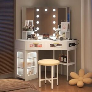 Sunrise Corner Vanity Desk Set with Tri-fold Lighted Mirror, Charging Station, Storage Shelves, Makeup Vanity Table for Bedroom - Image 1