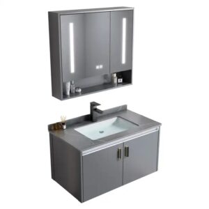 China Space Aluminum Wholesale Contemporary Grey Bathroom Floor Cabinet Double Doors Storage Cupboard - Image 4