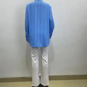 Fashion elegant spring fall blue strip blouse print loose single breasted cardigan polo collar long sleeve shirt women - Image 6