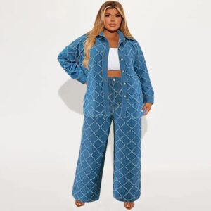 High Quality Plus Size Women Denim Sets Long Sleeve Denim Jacket And Jeans Pants Two Piece Set Women Clothing - Image 4
