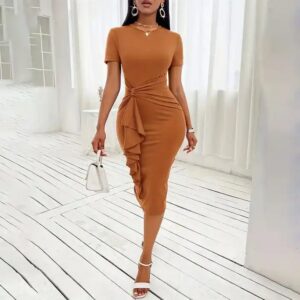 Trendy Career Dresses Short Sleeve Solid Color Hip Wrap Ruffle High Waist Office Lady Dresses For Women African Dress - Image 6