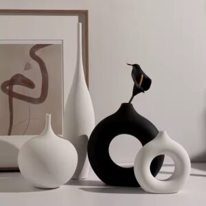 Nordic white black doughnut vase creative handmade brushed ceramic vase for home decoration living room office hotel model room - Image 4