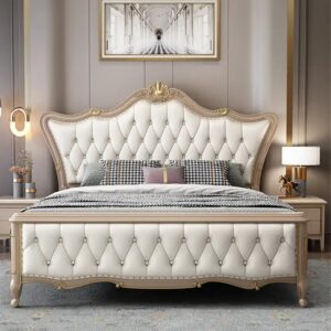 American Luxury Style Bedroom King Size Bed European Style High Quality Solid Wood Double Bed Soft Headboard Leather Bed - Image 3