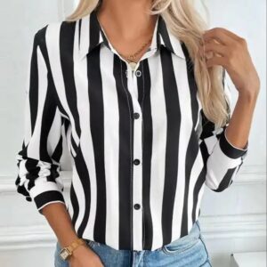 Fashion elegant spring fall blue strip blouse print loose single breasted cardigan polo collar long sleeve shirt women - Image 3