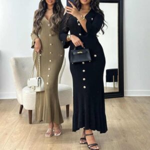 Autumn Winter Fashion Long Temperament V-neck Slim Button Down Solid Color Knitted Long Sleeved Dress - Image 3