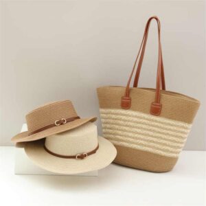 Wholesale Flat Top Straw Hat Fashion Women Large Capacity Tote Bag Seaside Vacation Tote Beach Shoulder Bag And Straw Hats Set - Image 2