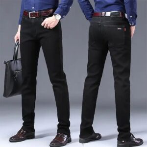 Pure black men's business casual jeans new stretch slim straight leg pants - Image 3