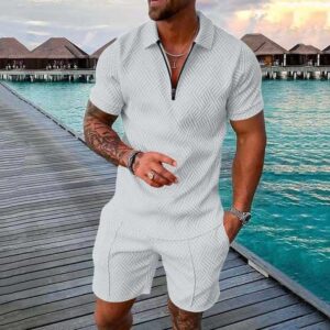 Casual polo shirts sets mens custom tracksuit men's t shirt and short set with zipper - Image 7