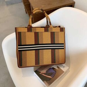 Tote Lattice embroidery canvas Shopping Handbag Large Capacity Canvas Vegan Portable Shoulder Bag - Image 7