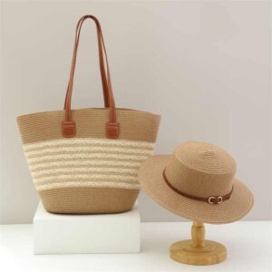 Wholesale Flat Top Straw Hat Fashion Women Large Capacity Tote Bag Seaside Vacation Tote Beach Shoulder Bag And Straw Hats Set - Image 4
