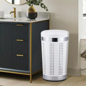 Laundry Basket Dirty Clothes Storage Round 46L Bathroom Laundry Hamper With Leather Lid - Image 5