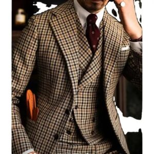 Men Suit Brown Plaid Wide Notch Lapel Party Prom Groom Tuxedo Wedding Suits - Image 3