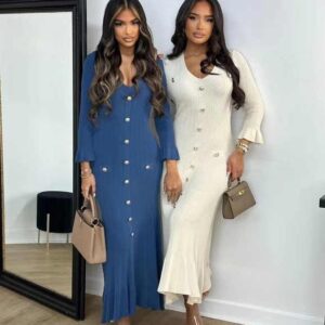Autumn Winter Fashion Long Temperament V-neck Slim Button Down Solid Color Knitted Long Sleeved Dress - Image 7