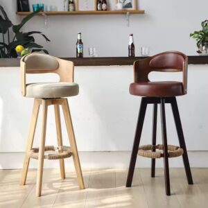 MGF New Industrial Oak Wooden Leg Pu Leather Cushion Bar Stool With Backrest Restaurant Cafe Kitchen Counter Dining High Chair - Image 1
