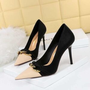 Autumn New Girl's Shoes Stiletto Thin Heels Color Matching Pointed Toe Metal Chain Decoration Women Pumps - Image 3