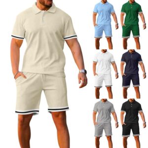 Solid Color men's Polo shirt lapel short-sleeved shorts sports casual summer men two piece set - Image 1