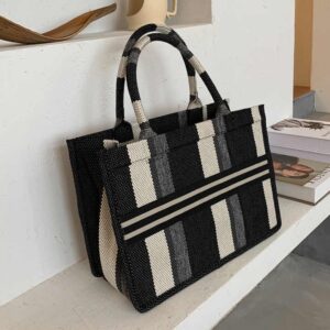 Tote Lattice embroidery canvas Shopping Handbag Large Capacity Canvas Vegan Portable Shoulder Bag - Image 3