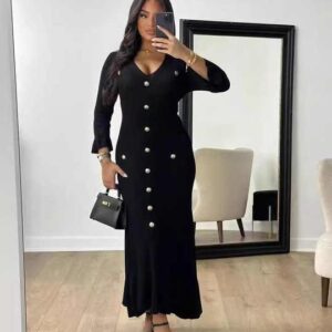 Autumn Winter Fashion Long Temperament V-neck Slim Button Down Solid Color Knitted Long Sleeved Dress - Image 4