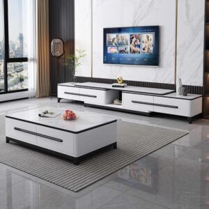 Furniture Modern Luxury TV Unit Table Top Rock Slab Marble TV Cabinet Coffee Table Set Combination Retractable Center Table - Image 3