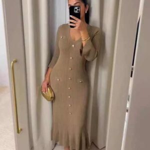 Autumn Winter Fashion Long Temperament V-neck Slim Button Down Solid Color Knitted Long Sleeved Dress - Image 6