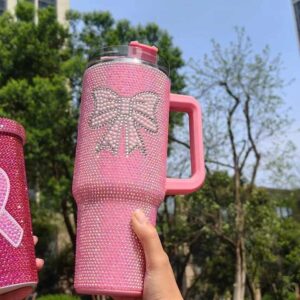 Rhinestone baseball softball Print Tumbler With Handle and straw 40 oz pink football rhinestone mom tumbler - Image 6