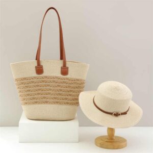 Wholesale Flat Top Straw Hat Fashion Women Large Capacity Tote Bag Seaside Vacation Tote Beach Shoulder Bag And Straw Hats Set - Image 5