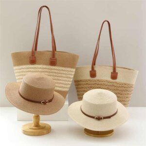 Wholesale Flat Top Straw Hat Fashion Women Large Capacity Tote Bag Seaside Vacation Tote Beach Shoulder Bag And Straw Hats Set - Image 1