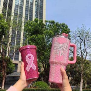 Rhinestone baseball softball Print Tumbler With Handle and straw 40 oz pink football rhinestone mom tumbler - Image 4
