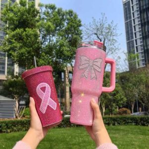 Rhinestone baseball softball Print Tumbler With Handle and straw 40 oz pink football rhinestone mom tumbler - Image 3