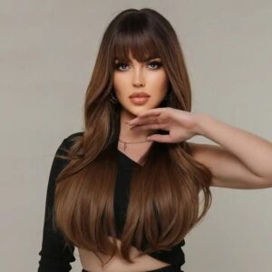 Synthetic Ombre Black To Brown Wigs Natural Blond Wavy Hair Wig for Women Orange-brown Wigs with Bangs - Image 6