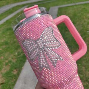Rhinestone baseball softball Print Tumbler With Handle and straw 40 oz pink football rhinestone mom tumbler - Image 7