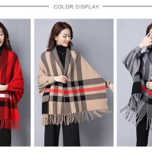 Popular girl's knit wraps shawls with sleeves classic plaid cloak winter warm pashmina wraps women poncho - Image 7