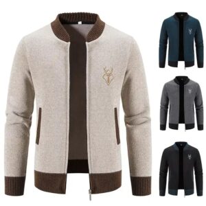 Trendy Cashmere Cardigan Men's Zipper Knitingt Fashion Slim-Fit Fleece-Lined Thickened Cotton Sweater - Image 1